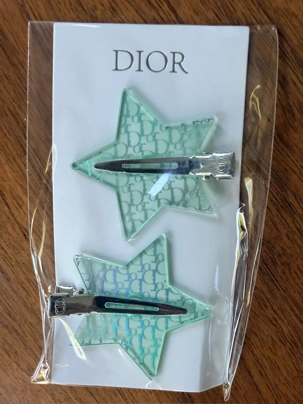 Dior Iridescent Green Branded Star Set of 2 Alligator Style Barrettes NEW SEALED